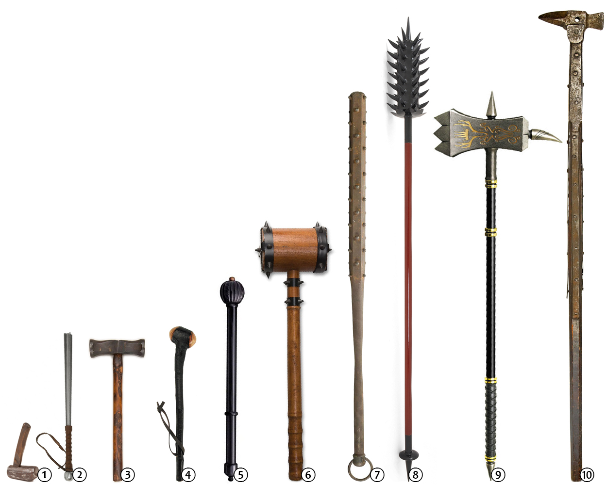 Pictured here: 1) light hammer, 2) light mace, 3) warhammer, 4) club, 5) he...